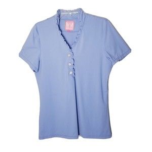 Missy Maude Blue Ruffle Neck Short Sleeve Top Women Size XL Style 1508